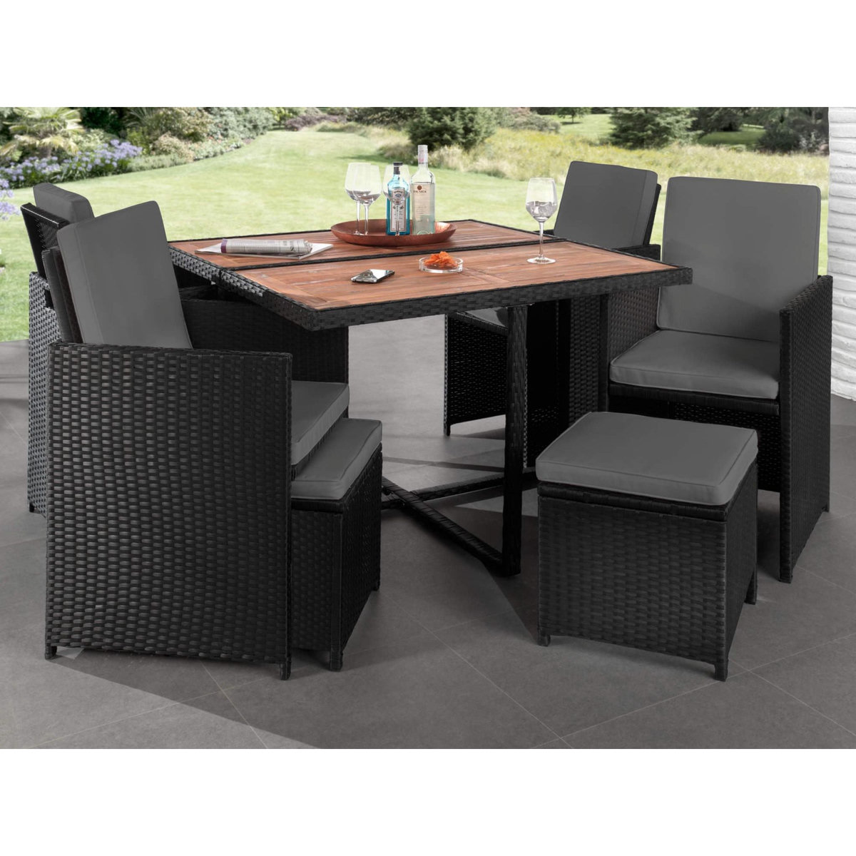 BEST MOBILIER Cuba - salon de jardin encastrable 8 places - en résine tressée - noir avec coussins gris + housse de protection