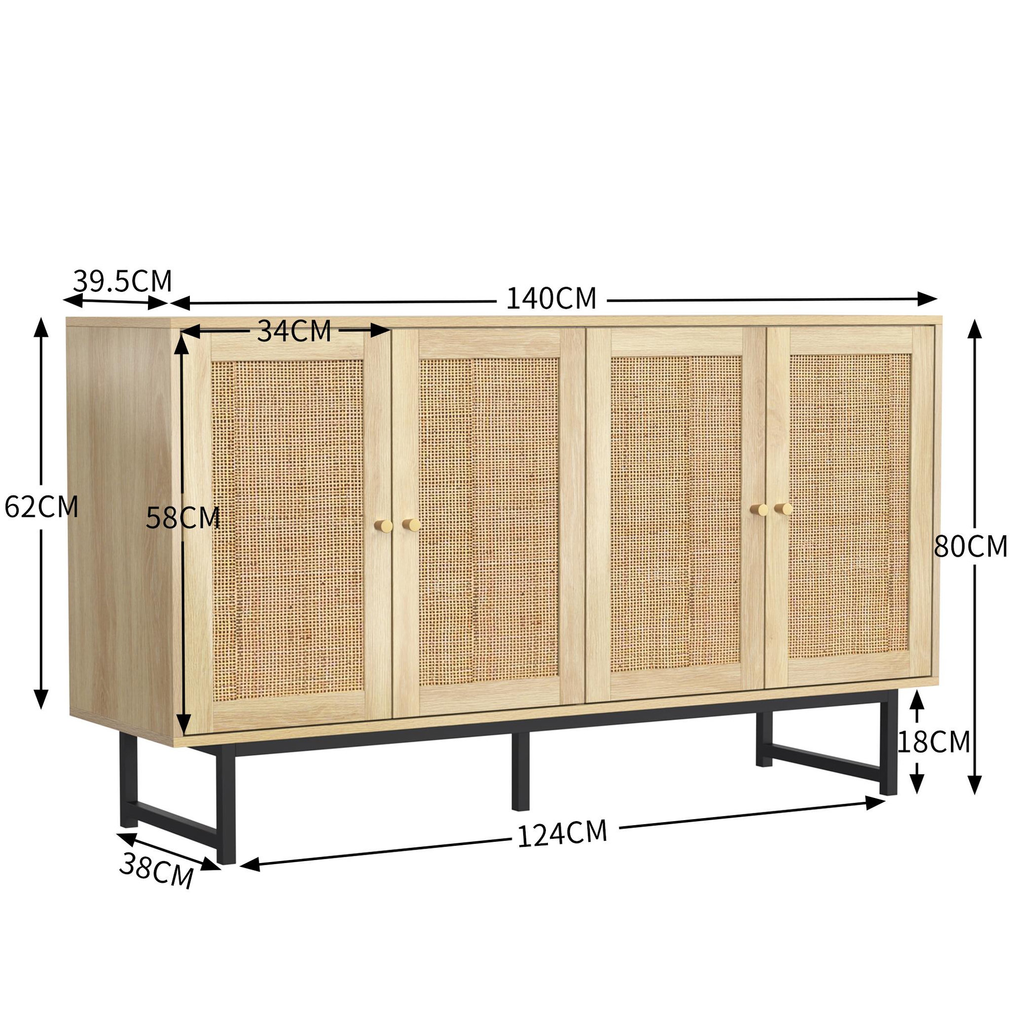 Voir la diapositive 3 : MERAX Buffet en panneaux de particules avec 4 portes en rotin,140x39,5x80cm,bois clair