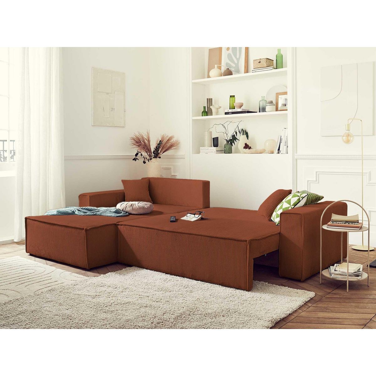 BEST MOBILIER Dellia - canapé d'angle réversible convertible - avec coffre - en velours côtelé - 4 places