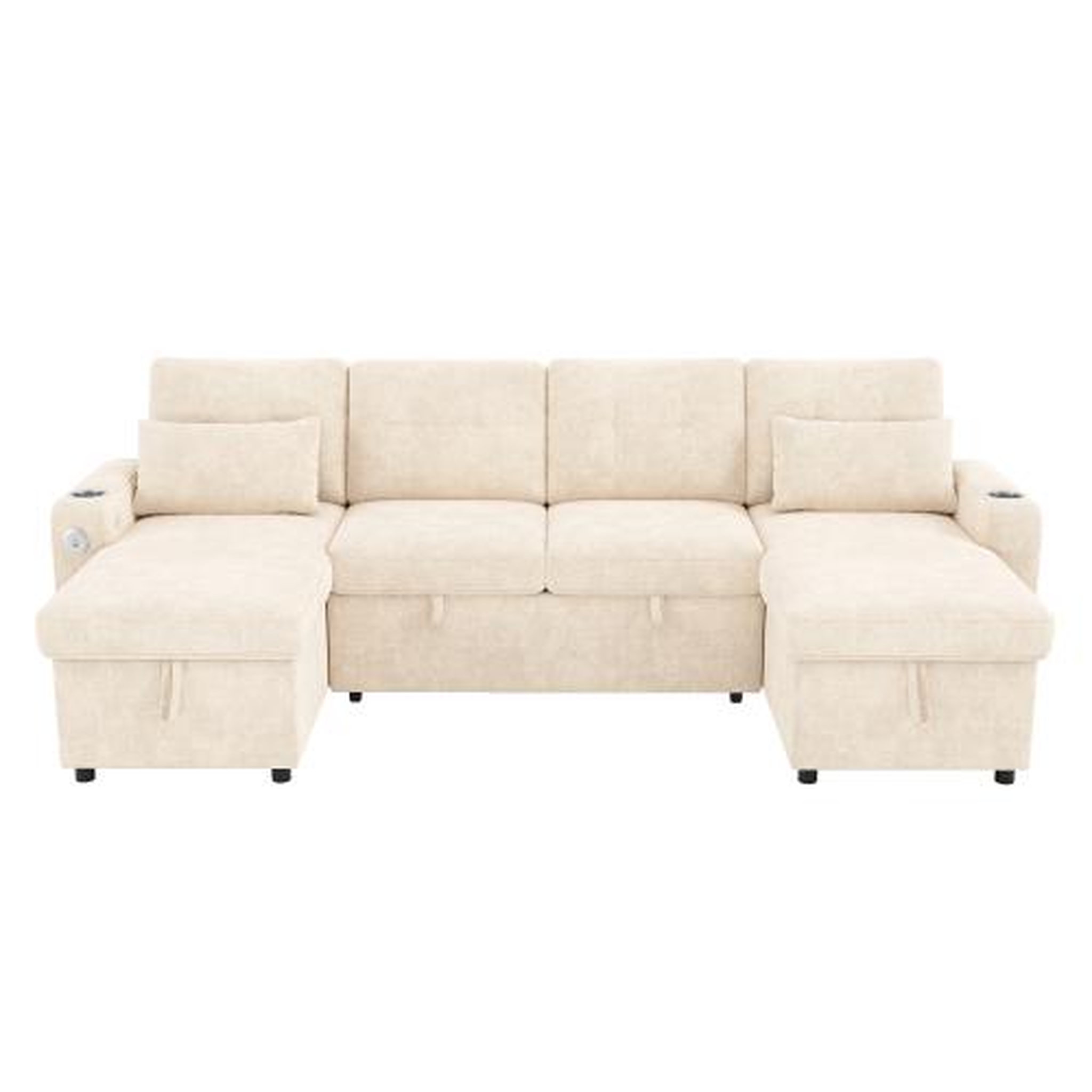 MERAX Canapé d'angle panoramique convertible 4 places tissu led coffre de rangement. Coloris disponibles : Beige