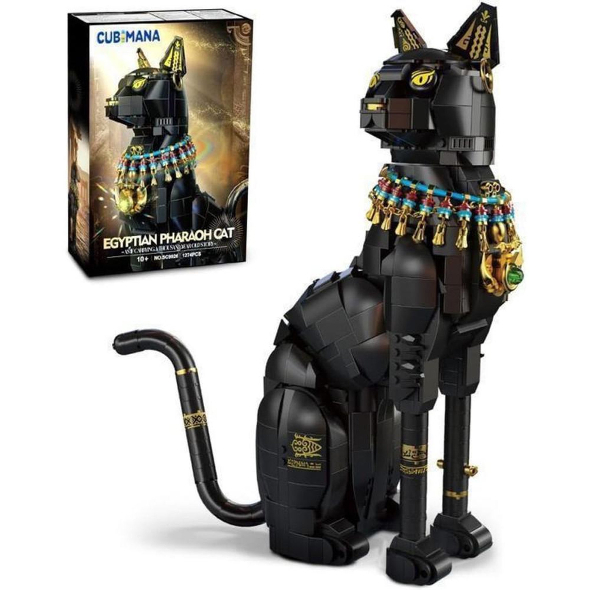 Kit de construction CUBIMANA chat pharaon égyptien, 1274 pièces ABS noir, tête et queue articulées, modèle à assembler, décoration intérieure 33,7 cm