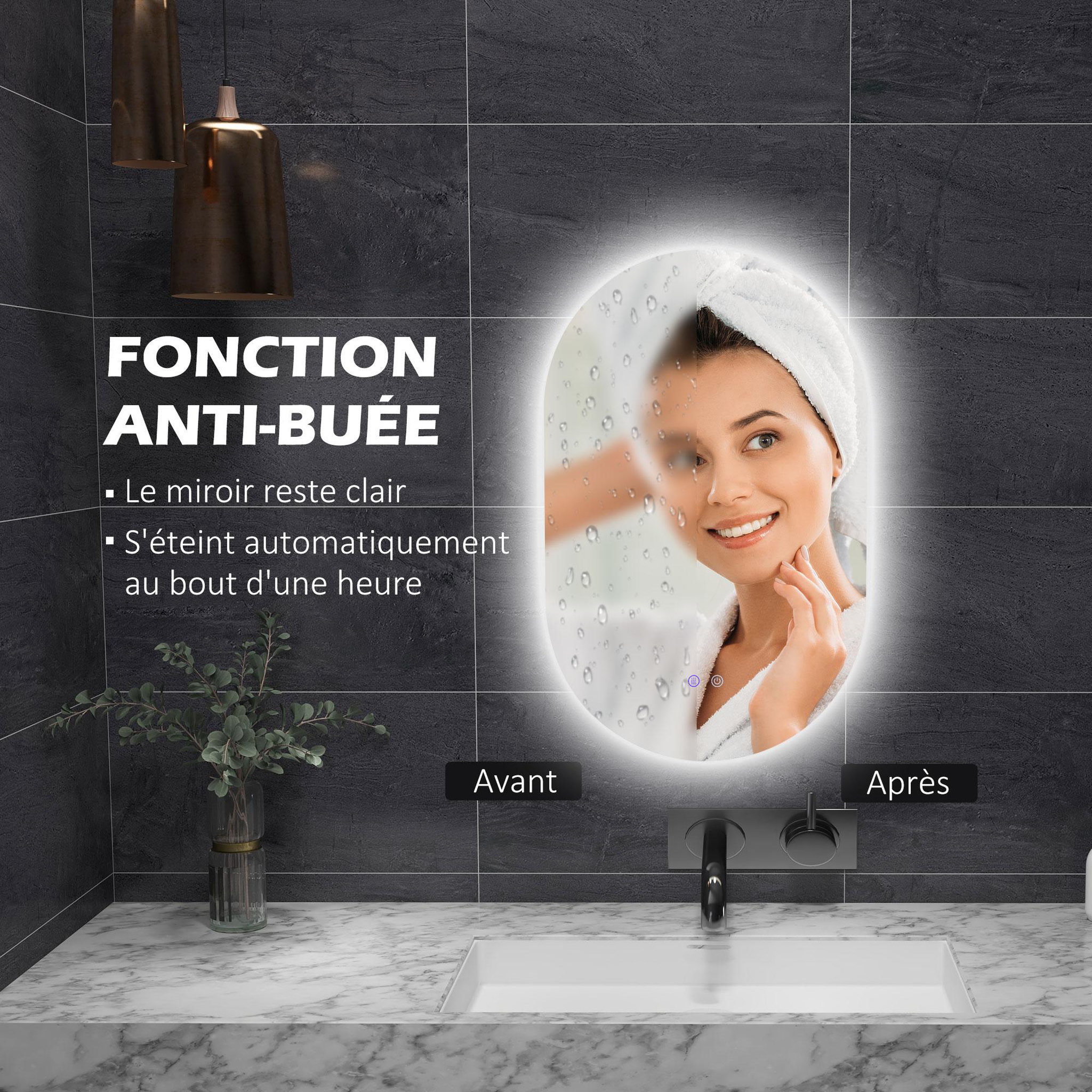 Voir la diapositive 5 : KLEANKIN Miroir ovale mural lumineux LED de salle de bain - 81 x 51 cm - avec 3 couleurs, luminosité réglable interrupteur tactile système antibuée transparent