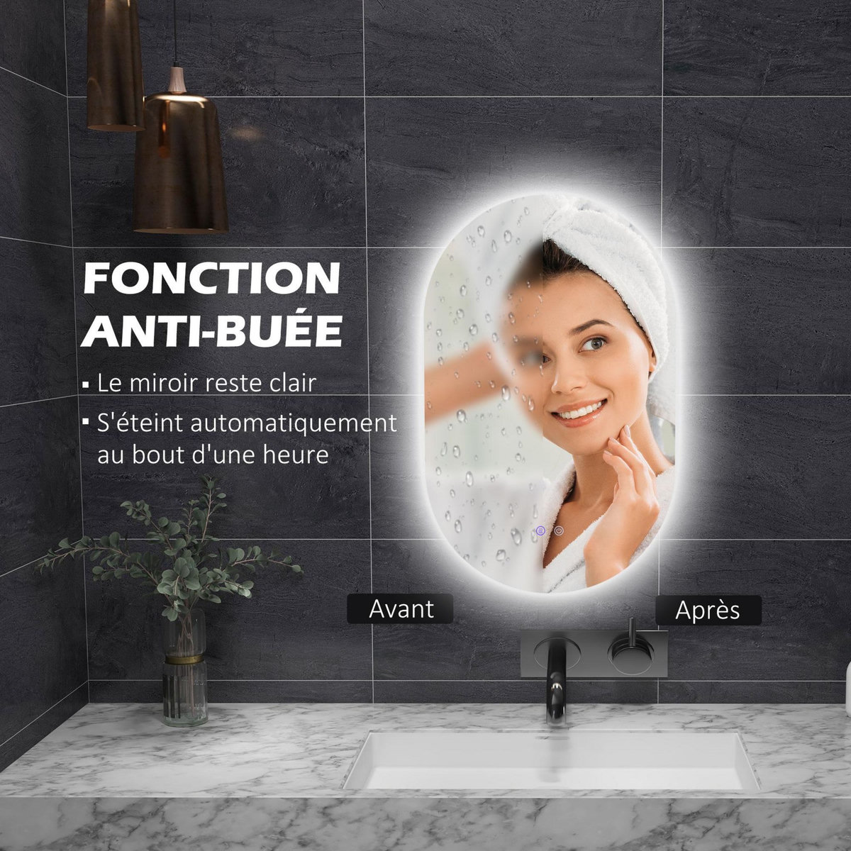 KLEANKIN Miroir ovale mural lumineux LED de salle de bain - 81 x 51 cm - avec 3 couleurs, luminosité réglable interrupteur tactile système antibuée transparent
