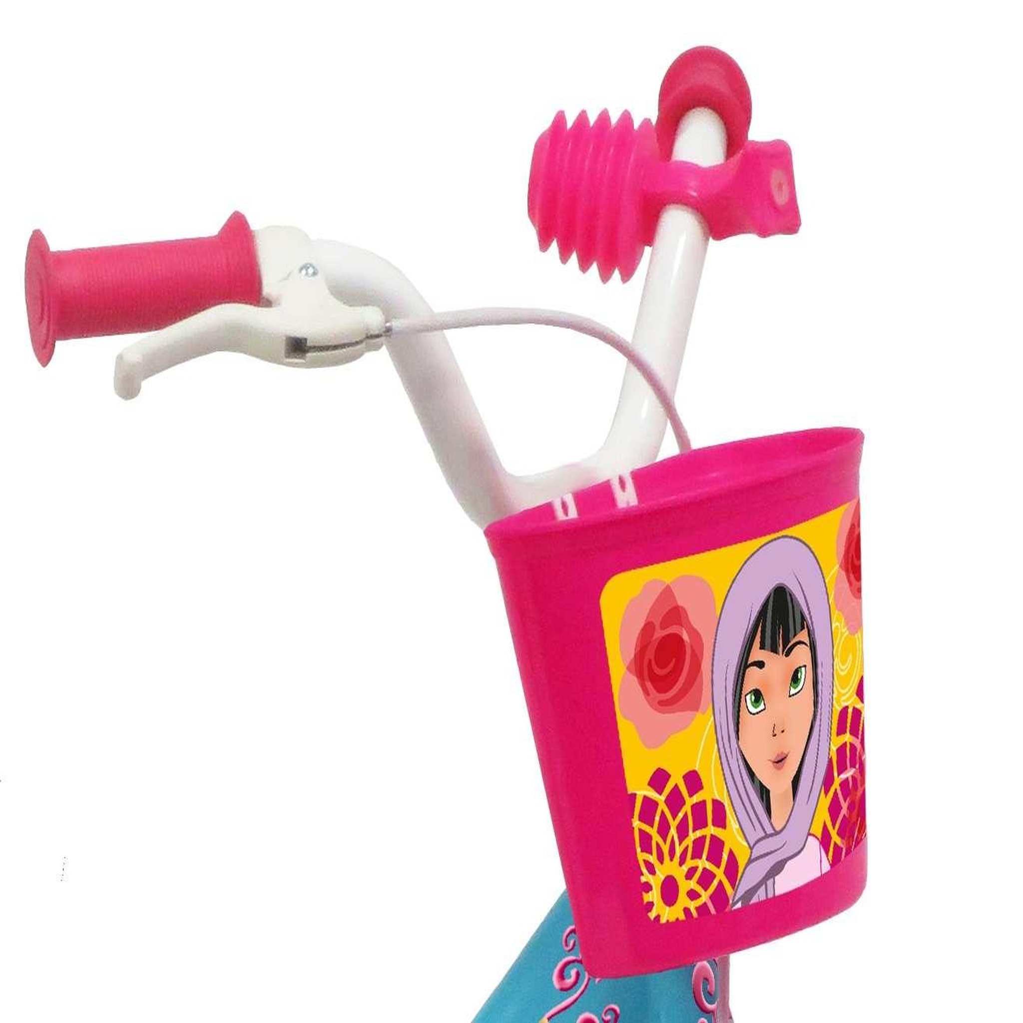 Voir la diapositive 4 : Vélo enfant - Modèle 12''Princesse des sables pour enfant de 85/100 cm avec stabilisateurs - 1 Frein - Panier avant - Porte poupée arrière et roues batons