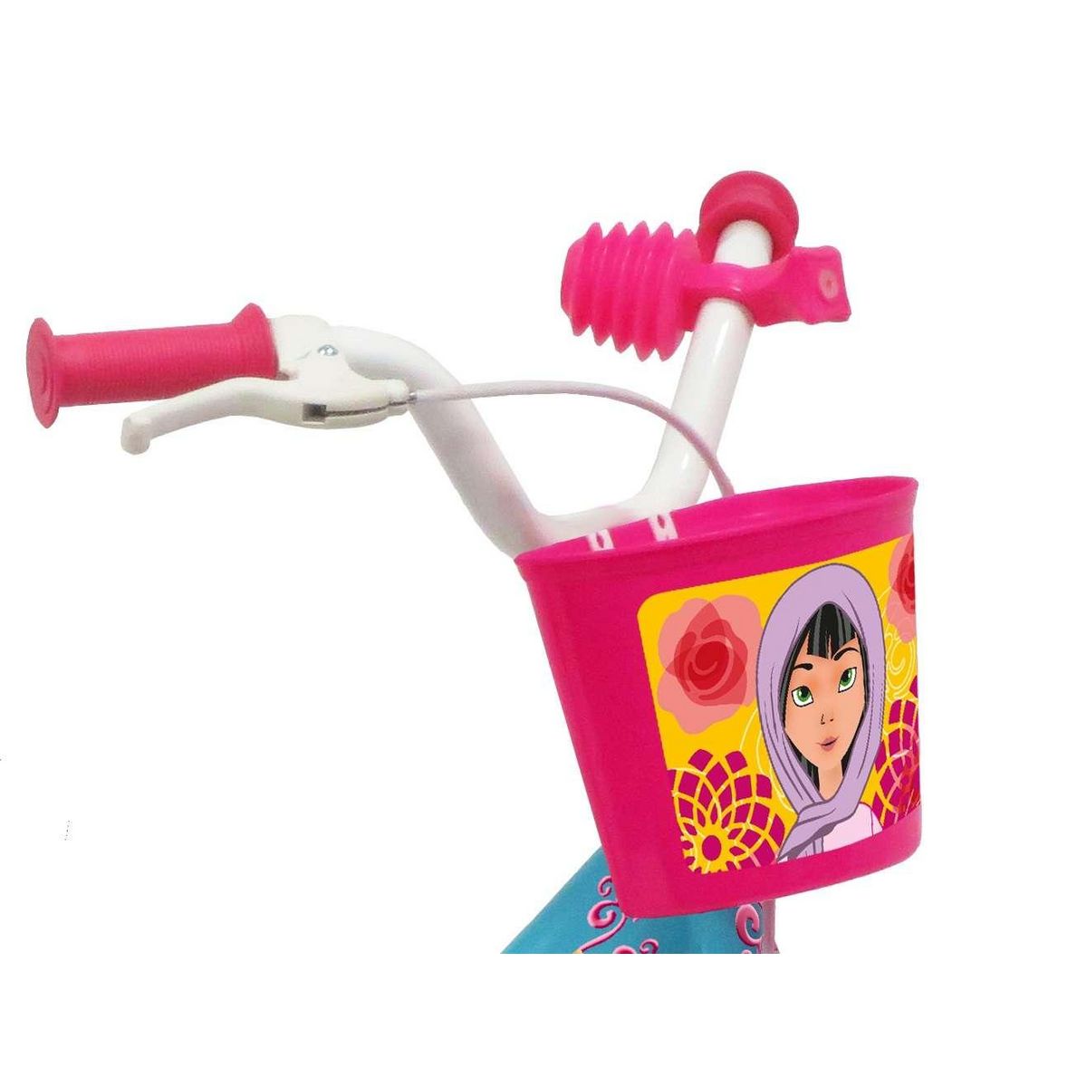 Vélo enfant - Modèle 12''Princesse des sables pour enfant de 85/100 cm avec stabilisateurs - 1 Frein - Panier avant - Porte poupée arrière et roues batons