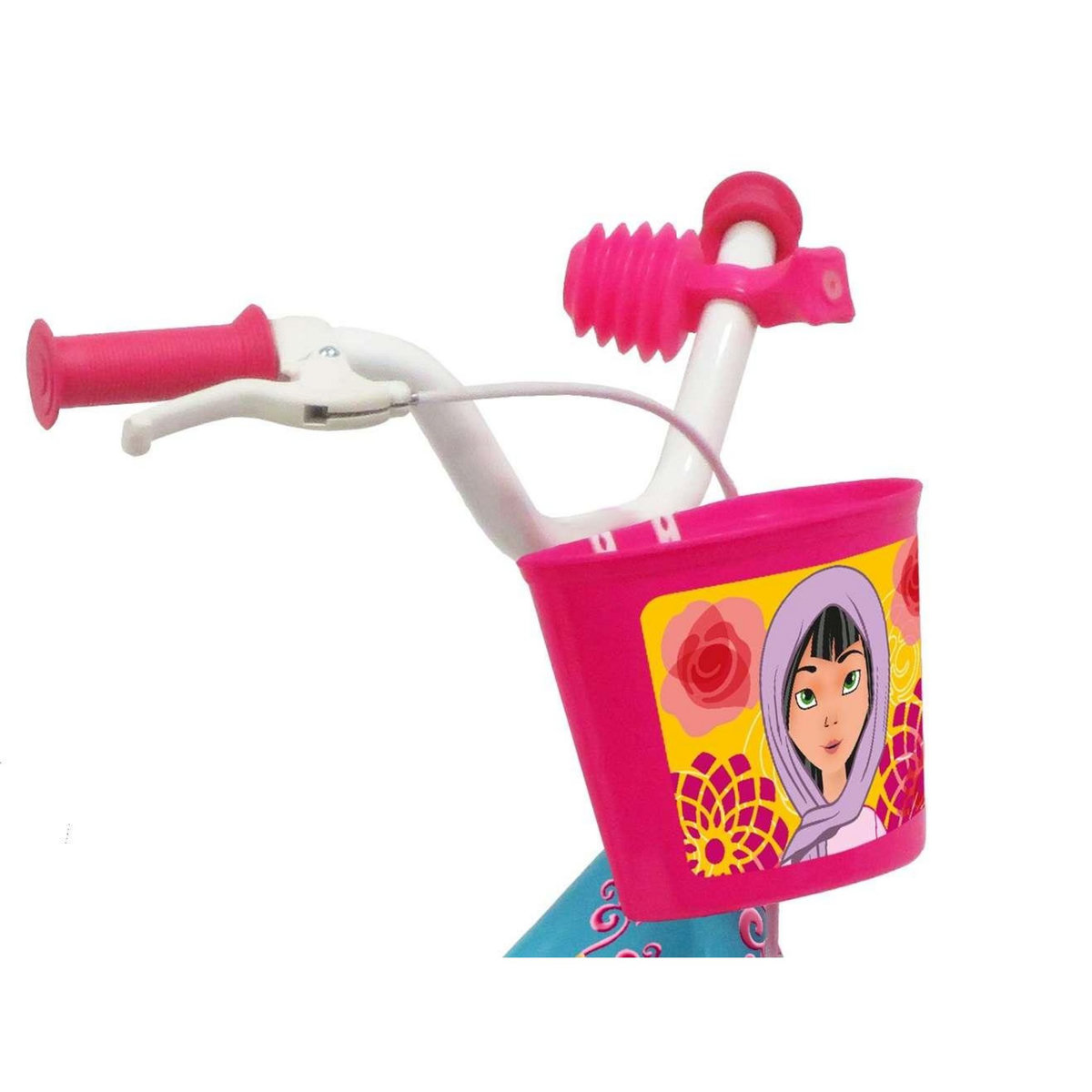 Vélo enfant - Modèle 12''Princesse des sables pour enfant de 85/100 cm avec stabilisateurs - 1 Frein - Panier avant - Porte poupée arrière et roues batons