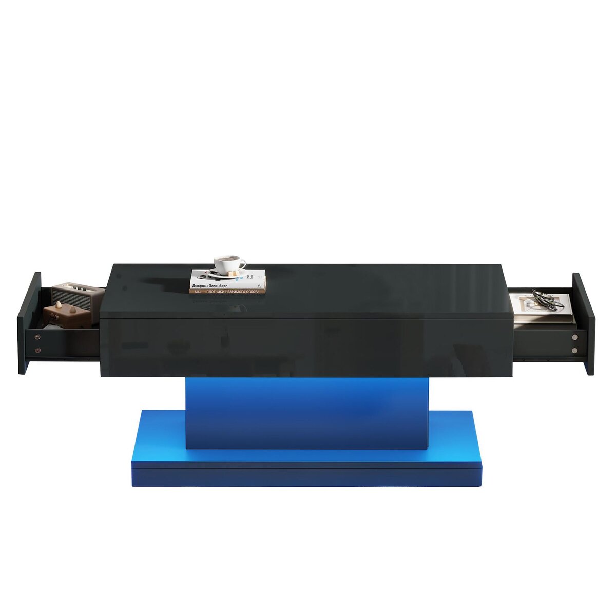 MERAX Table basse rectangulaire noir avec 2 tiroirs - 50x100 cm led panneau de particules