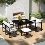MERAX Salon de jardin 6 places 7 pièces avec table, chaises, fauteuils et repose-pieds, blanc noir