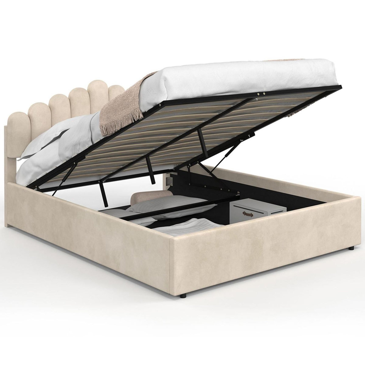 ID MARKET Lit coffre double NOELIE avec tête de lit et sommier 140 x 190 cm velours beige