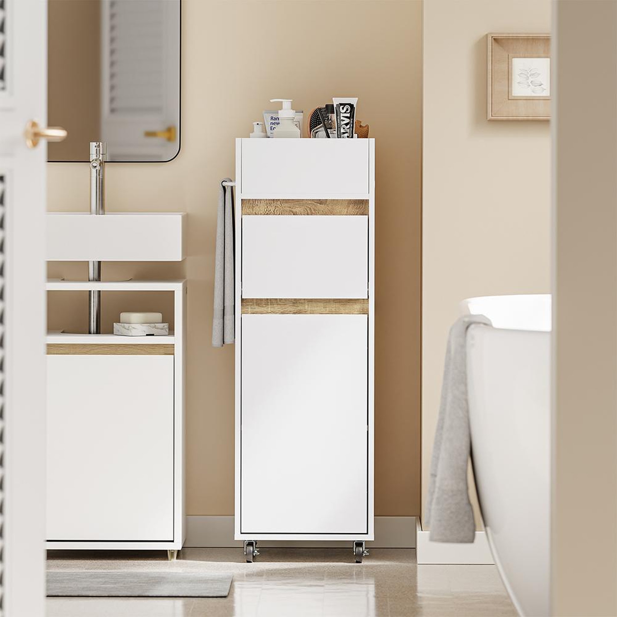 Voir la diapositive 6 : SOBUY Meuble de rangement étroit blanc avec tiroir et porte 33x30x91,5 cm BZR225-WN
