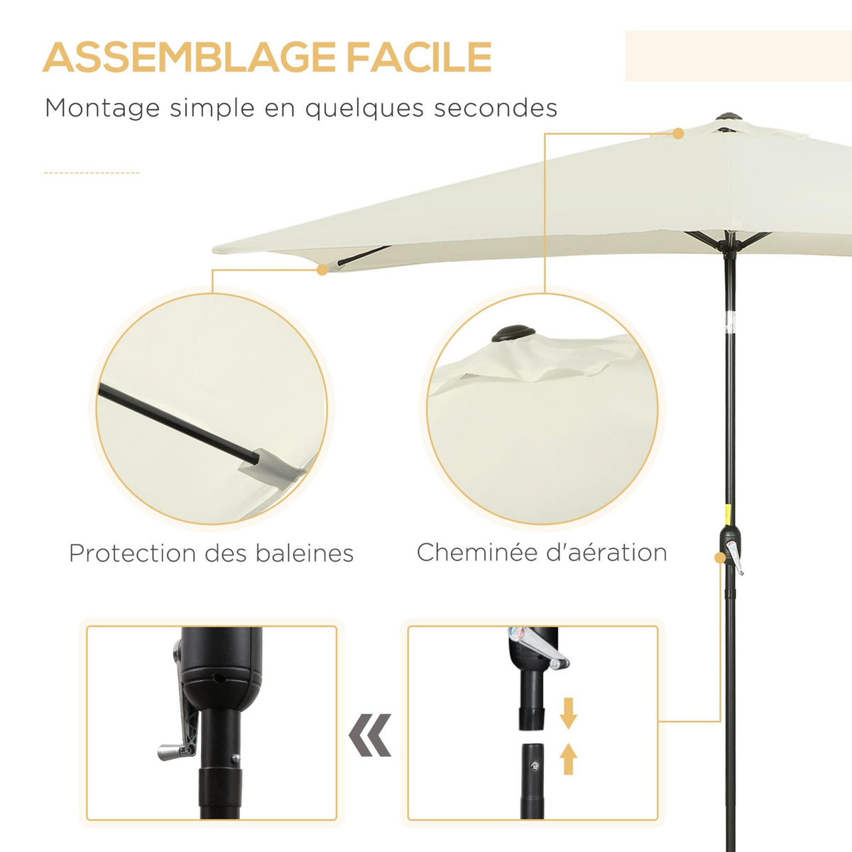 OUTSUNNY Parasol inclinable rectangulaire métal polyester haute densité 2,95L x 1,95l x 2,4H m crème