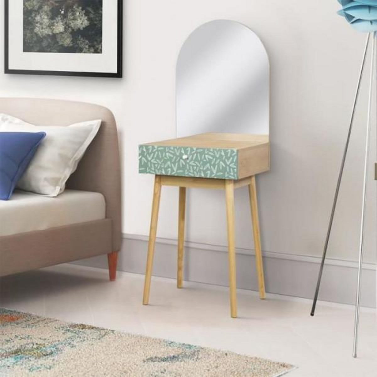 MARKET24 Coiffeuse 1 tiroir 1 miroir - Décor chene et vert - Pieds en bois massif - L 50 x P 40 x H 135 cm - GARDENIA