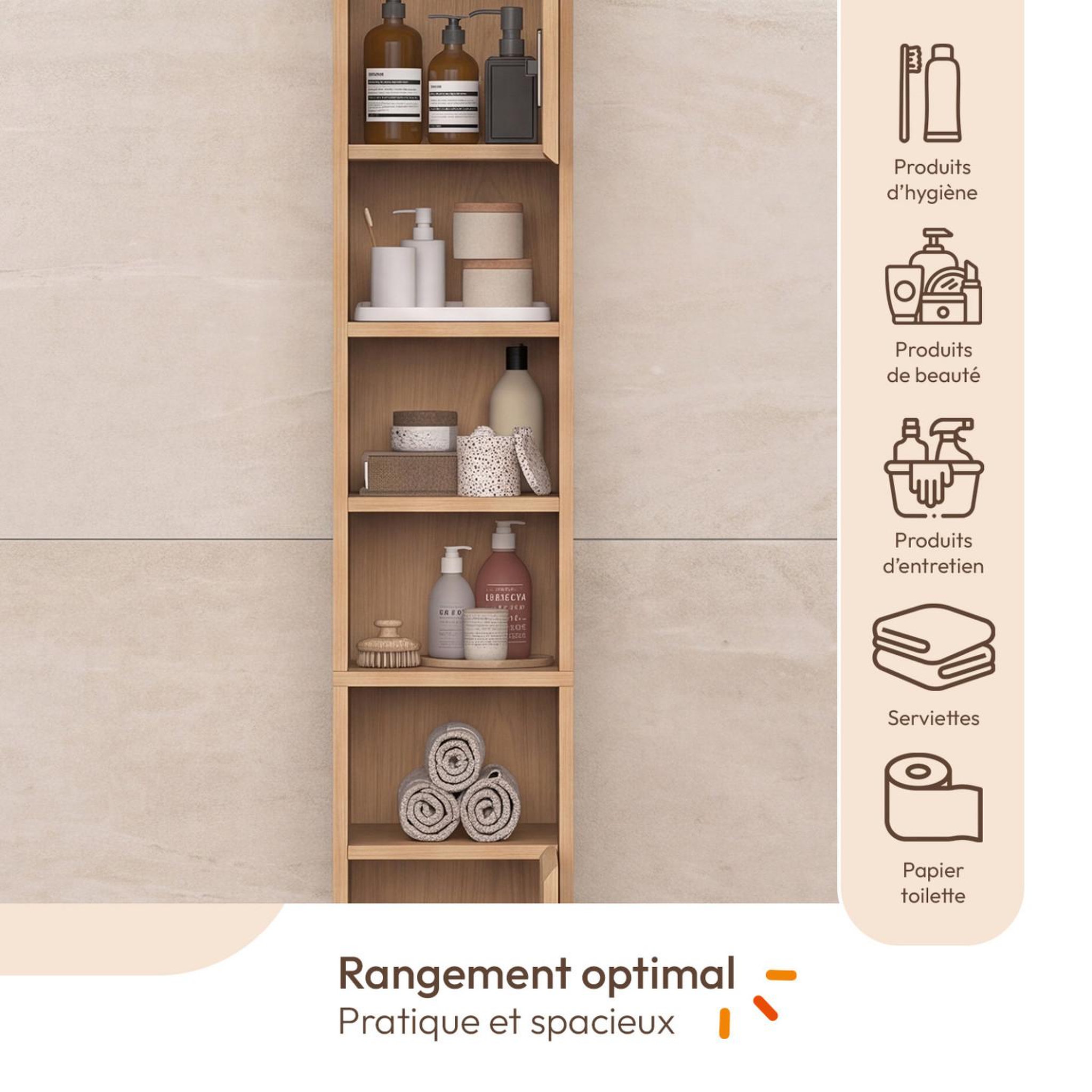 Voir la diapositive 4 : ID MARKET Meuble colonne salle de bain victor 2 portes 4 niches effet lattes