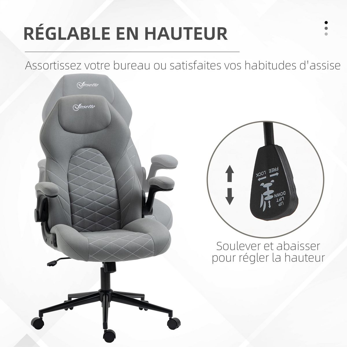 VINSETTO Fauteuil de bureau chaise de bureau ergonomique hauteur réglable pivotant 360° accoudoirs relevables tissu gris clair