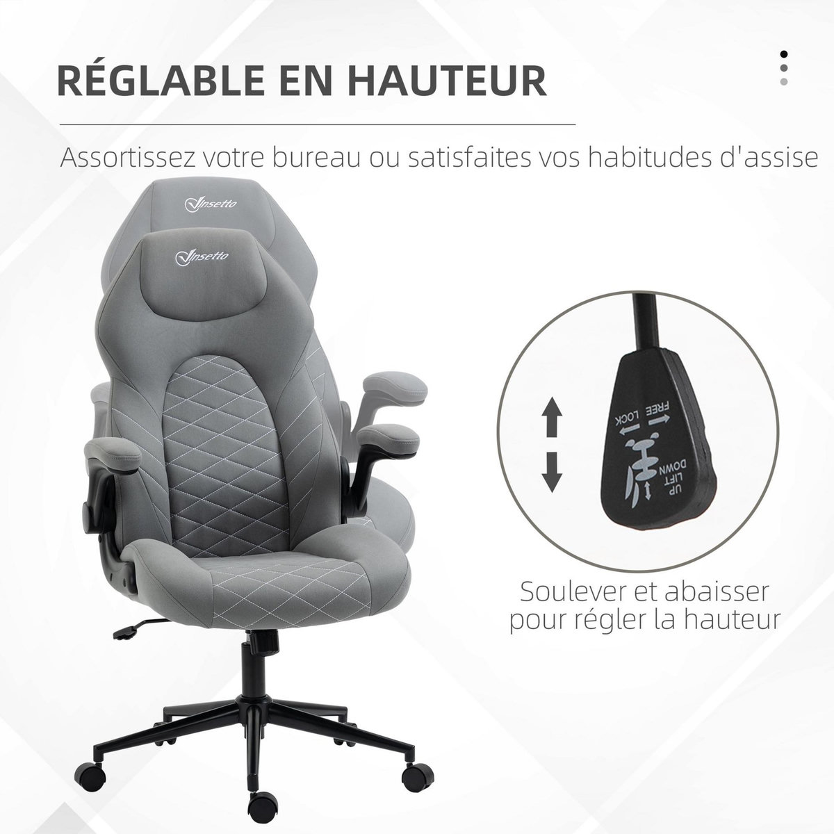 VINSETTO Fauteuil de bureau chaise de bureau ergonomique hauteur réglable pivotant 360° accoudoirs relevables tissu gris clair