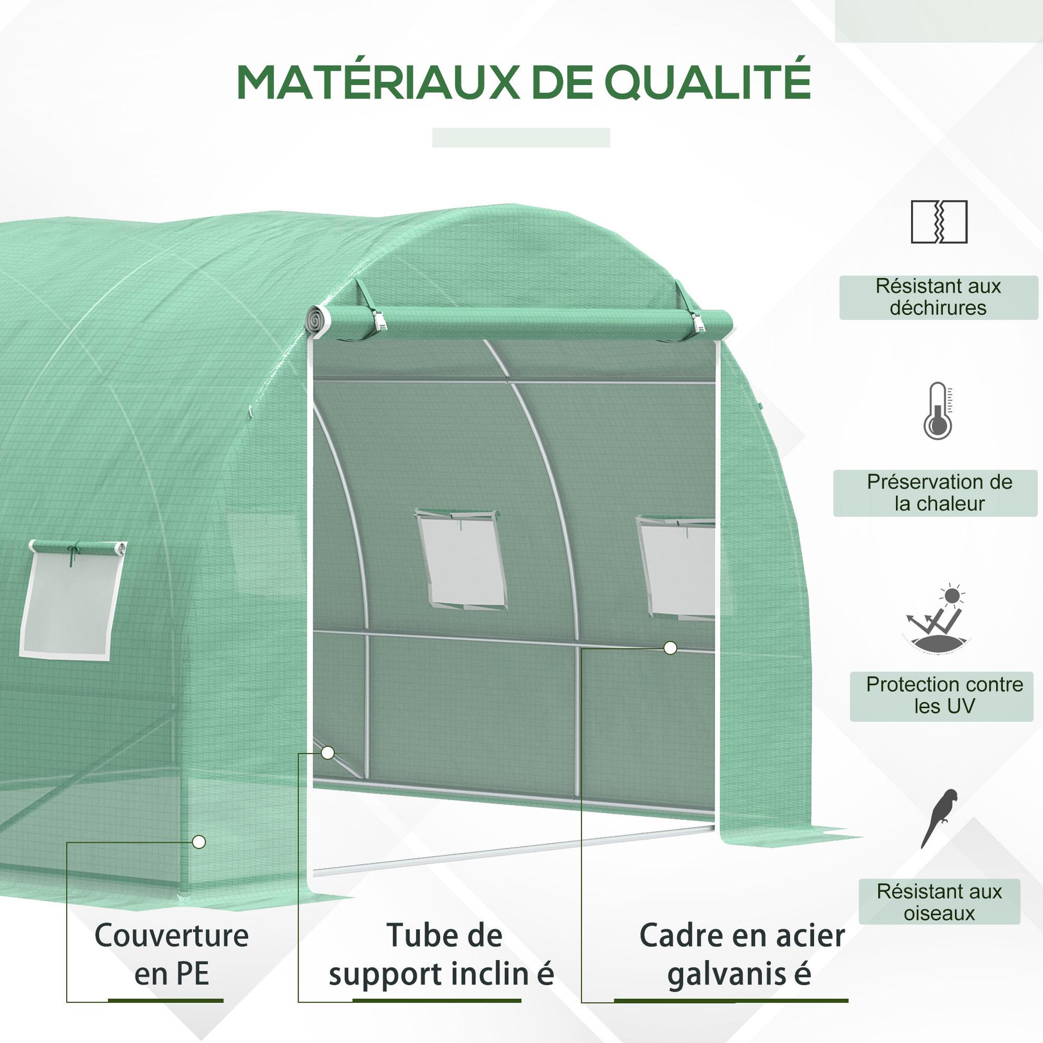 Voir la diapositive 5 : OUTSUNNY Serre tunnel 9 m² dim. 3 x 3 x 2 m - porte enroulable zippée, 6 fenêtres - acier galvanisé pe haute densité vert
