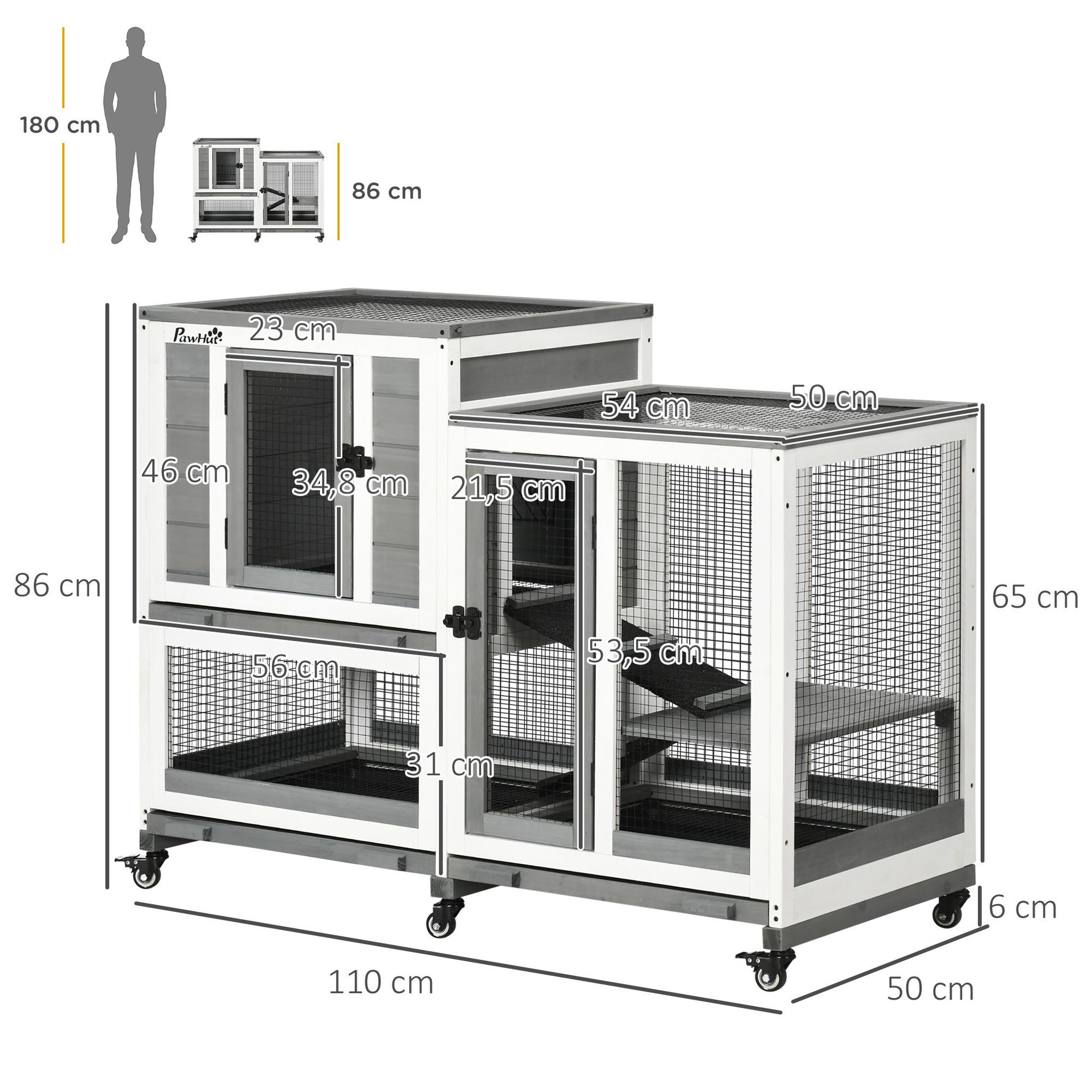 Voir la diapositive 3 : PAWHUT Clapier à lapin sur roulettes cage à lapin 3 niveaux 2 portes verrouillables 3 plateaux coulissants rampes bois sapin acier gris blanc