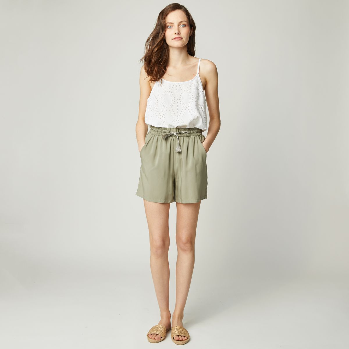 INEXTENSO Short viscose vert kaki femme