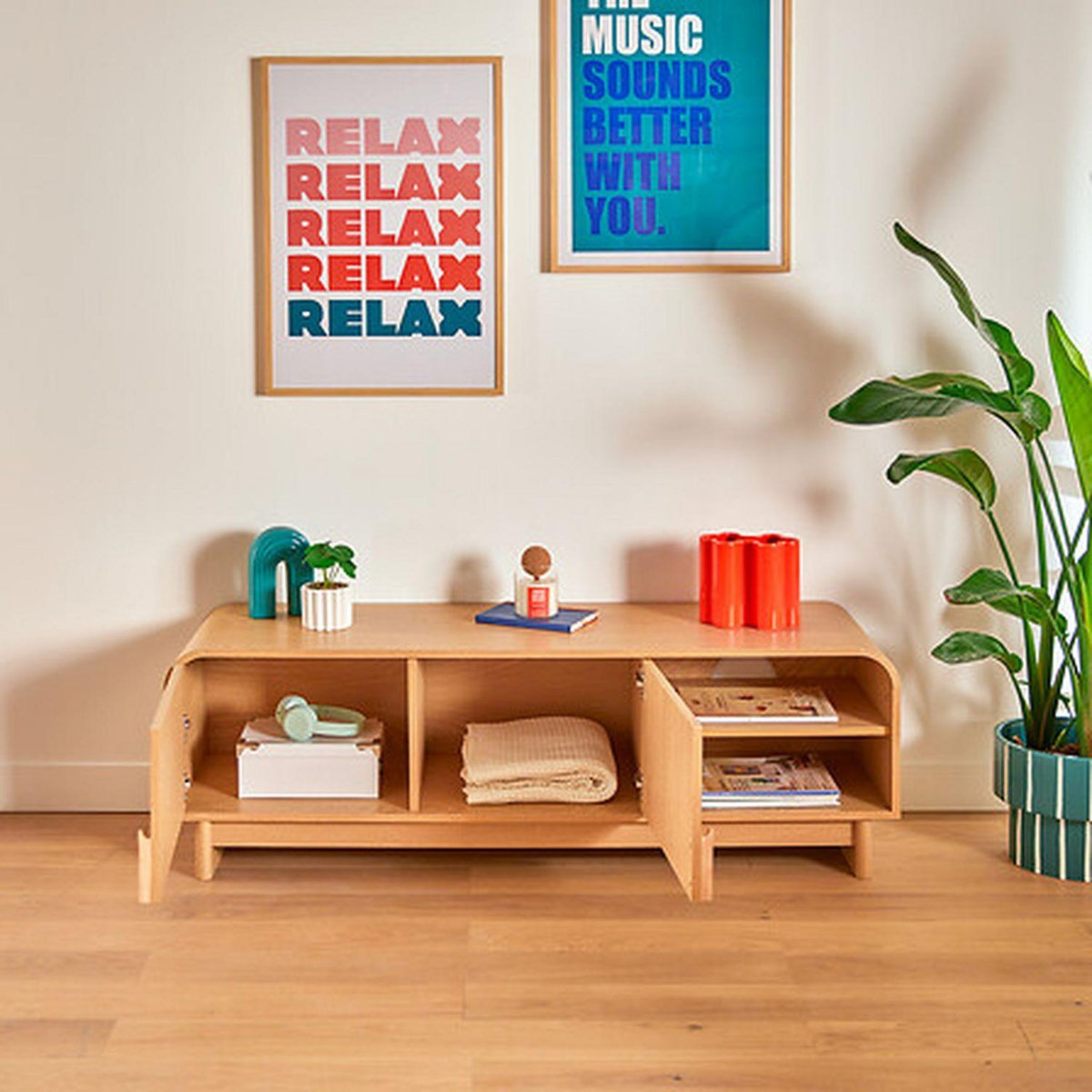 ATMOSPHERA Meuble TV 2 portes 1 étagère effet bouleau LEE - Beige