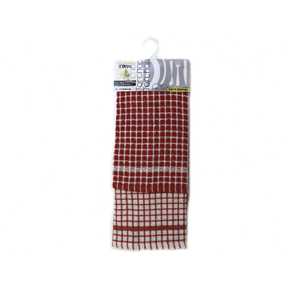 SOLEIL D'OCRE Lot de 2 torchons CARRE EPONGE rouge