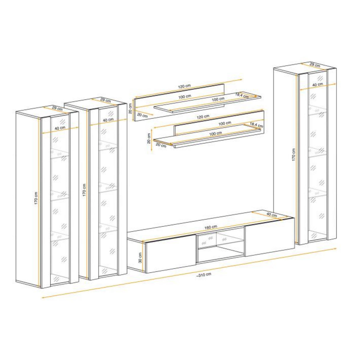 Paris Prix Meuble TV Mural Design  Fly XLIII  310cm Blanc & Noir