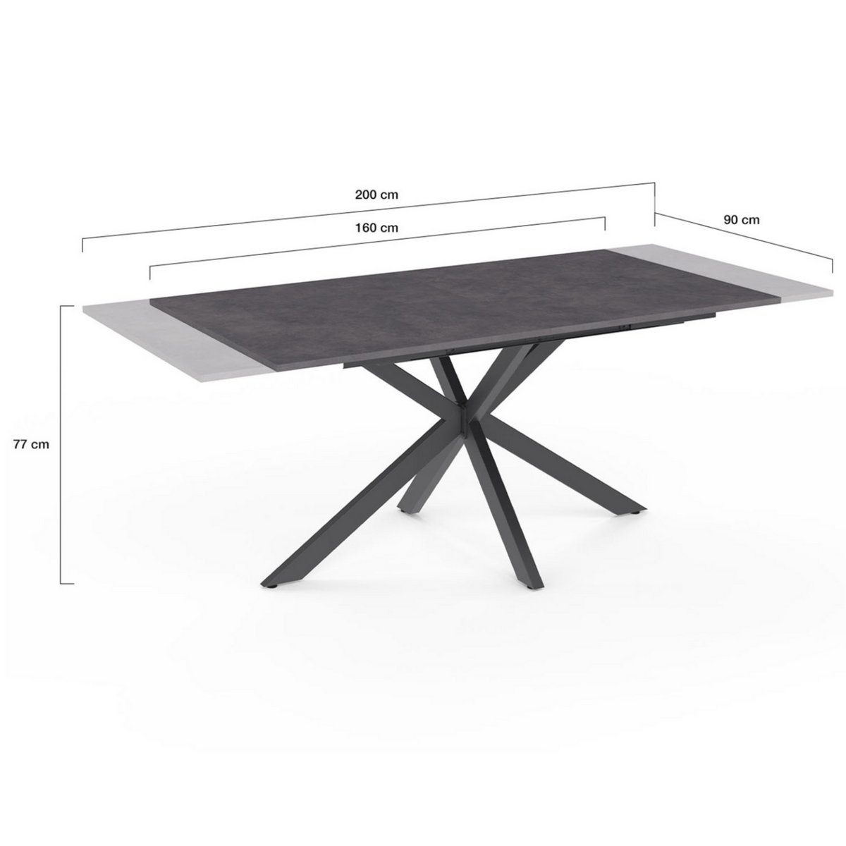 ID MARKET Table à manger extensible rectangle JASPE 6-10 personnes plateau effet béton pied araignée gris anthracite 160-200cm