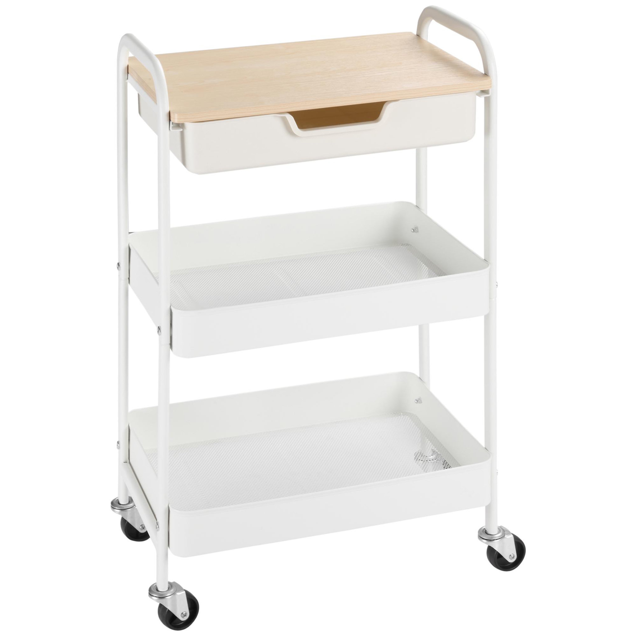 Voir la diapositive 1 : HOMCOM Desserte de cuisine chariot de service 2 étagères tiroir plateau aspect bois clair acier PP blanc
