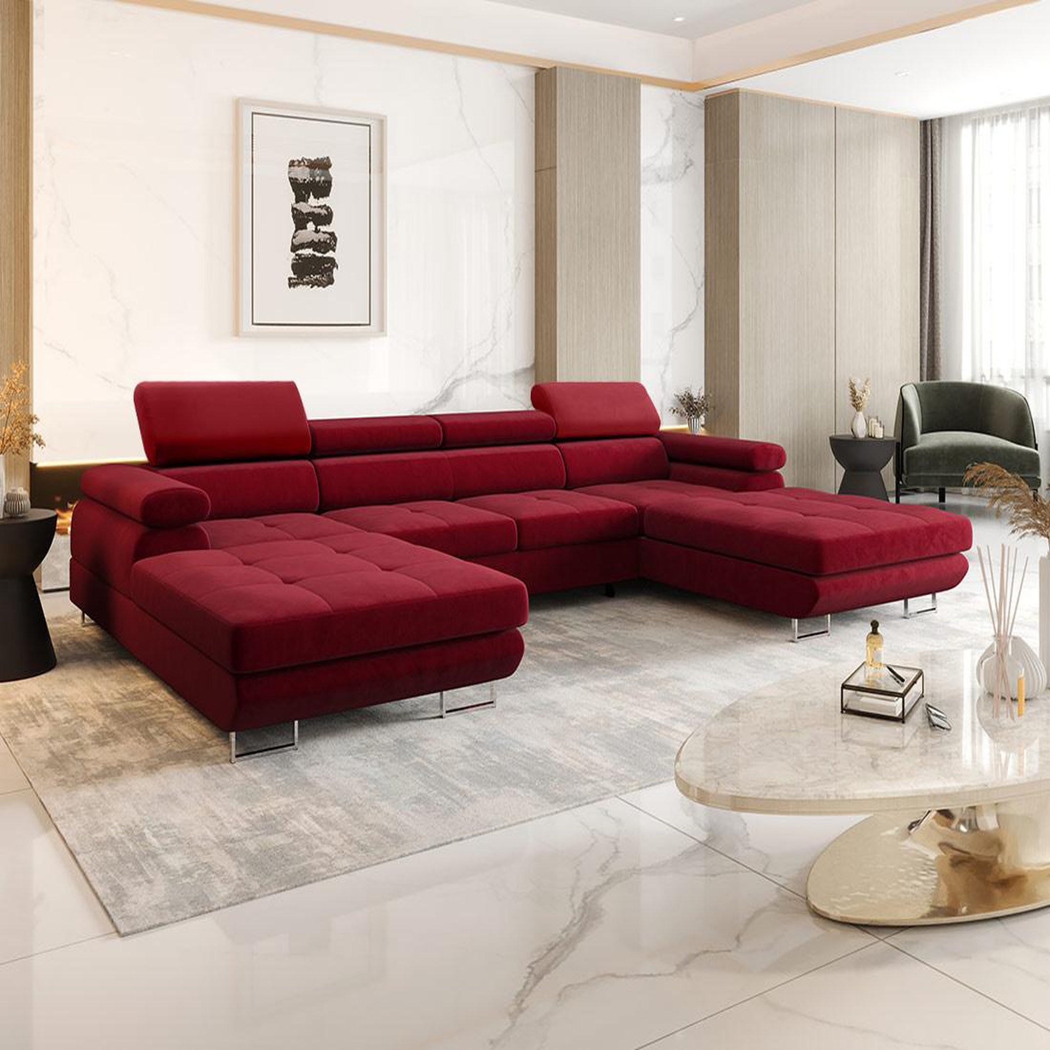 Voir la diapositive 2 : BEST MOBILIER Ayden - canapé panoramique en u 7 places convertible avec coffre et têtières réglables en tissu