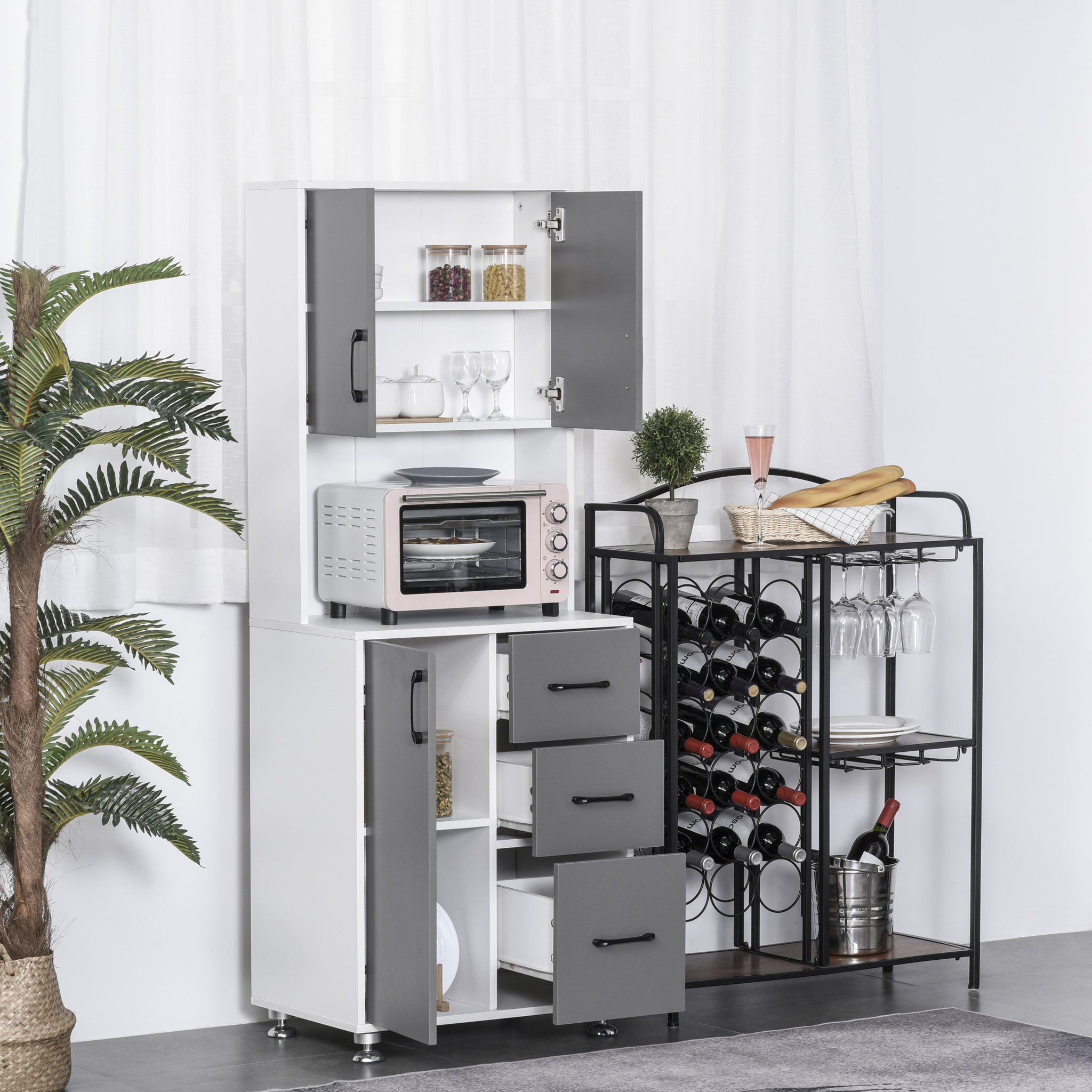 Voir la diapositive 4 : HOMCOM HOMCOM Armoire de cuisine multi-rangements 2 + 1 porte 3 tiroirs + grand plateau dim. 60L x 40l x 150H cm bicolore gris blanc