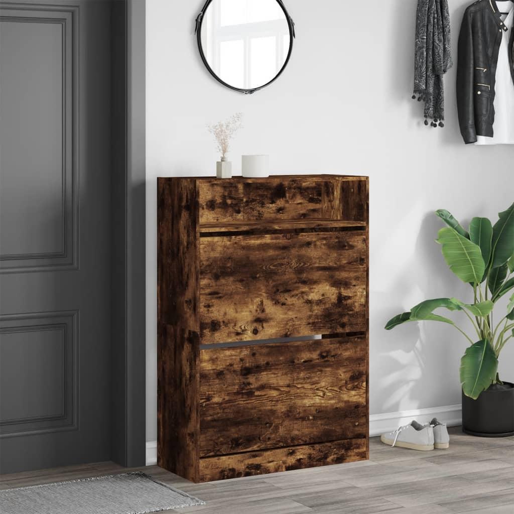 Voir la diapositive 3 : VIDAXL Armoire a chaussures 2 tiroirs rabattables chene fume