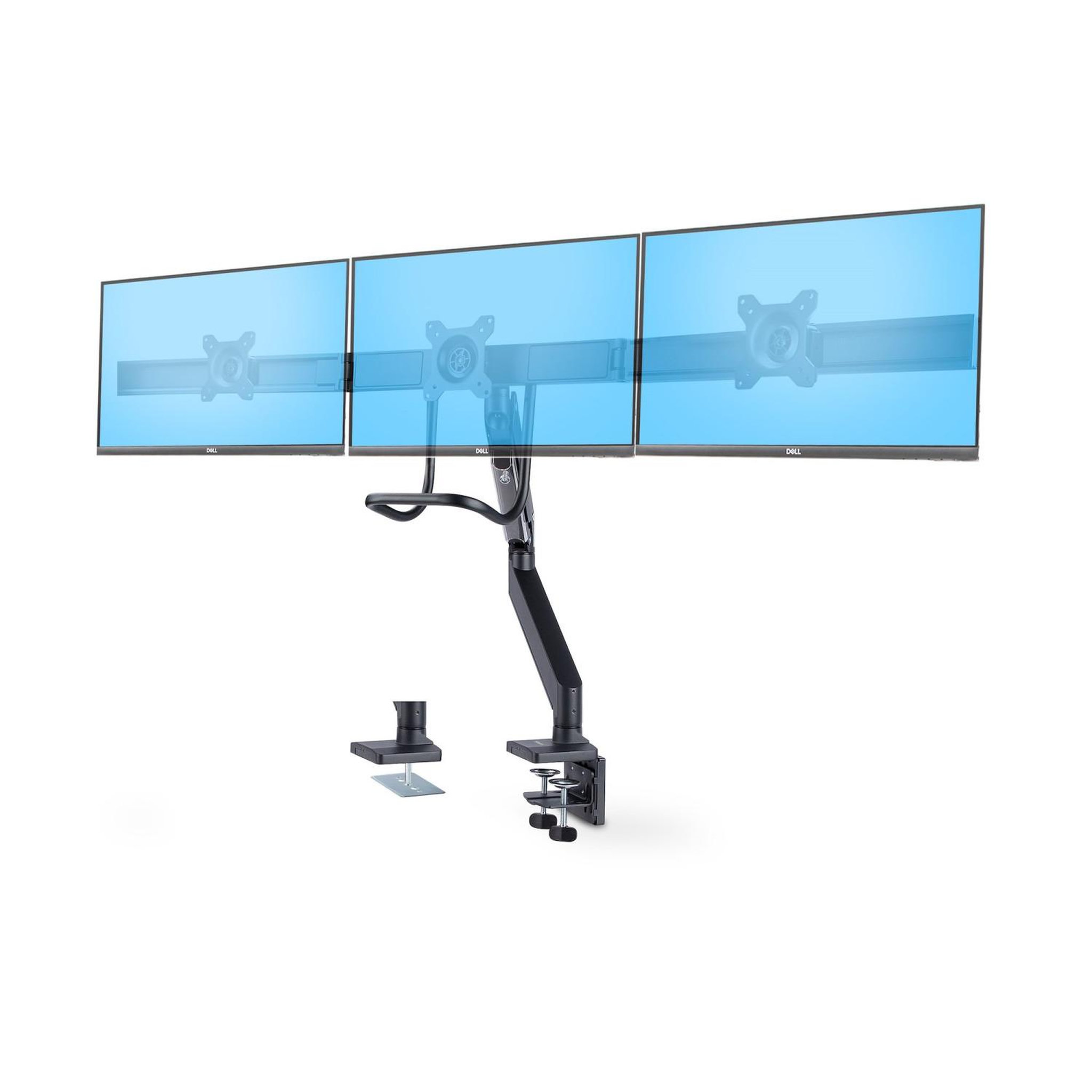 Voir la diapositive 2 : Startech Startech.com support de bureau pour 3 écrans 27 , vesa 75x75/100x100, bras articulé réglable sans outils, pince en c/passe-fil, support d'écrans 27 pouces, bras pour moniteur assisté par ressort