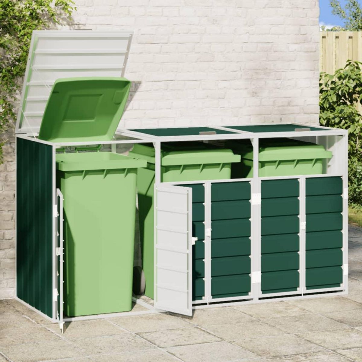 VIDAXL Rangement a roulettes pour poubelles pour trois bacs vert acier