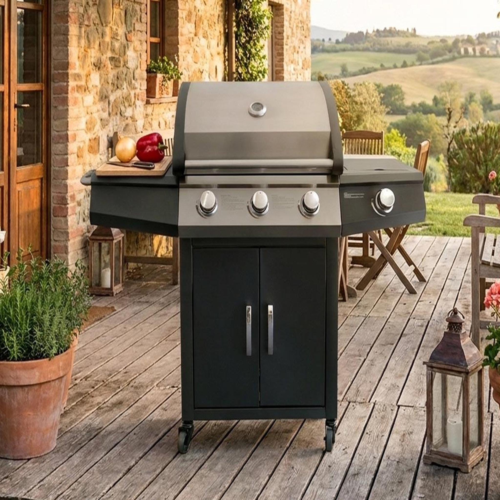 Voir la diapositive 2 : JARDIDECO Barbecue à gaz soleto 3 brûleurs + 1 brûleur latéral - jardideco