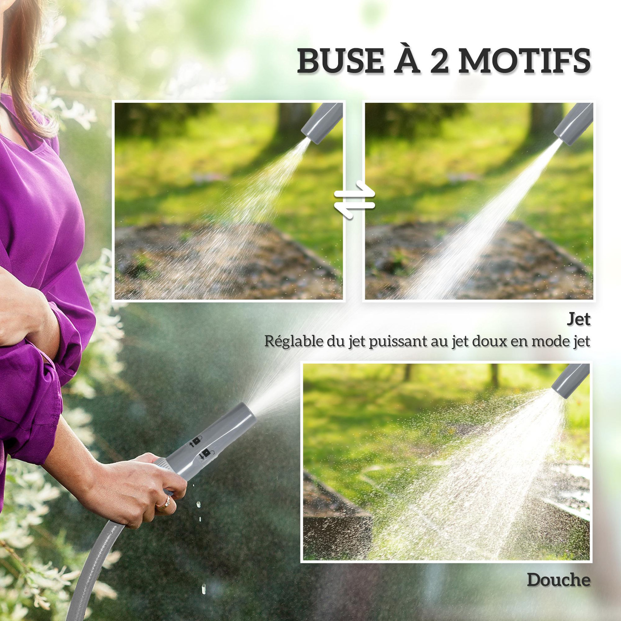 Voir la diapositive 5 : OUTSUNNY Dévidoir sur pied ou mural - enrouleur tuyau 20 + 2 m - lance arrosage réglable - support mural intégré - gris