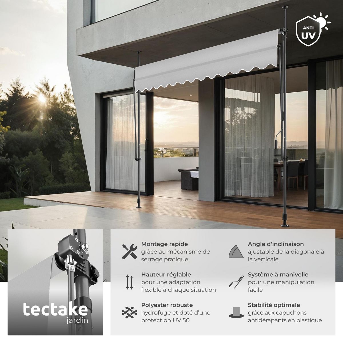 tectake Store à pince sans perçage avec manivelle gris clair 300 x 180 cm