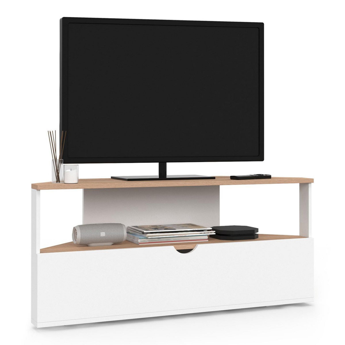 ID MARKET Meuble TV 100 cm d'angle ELI bois façon hêtre et blanc