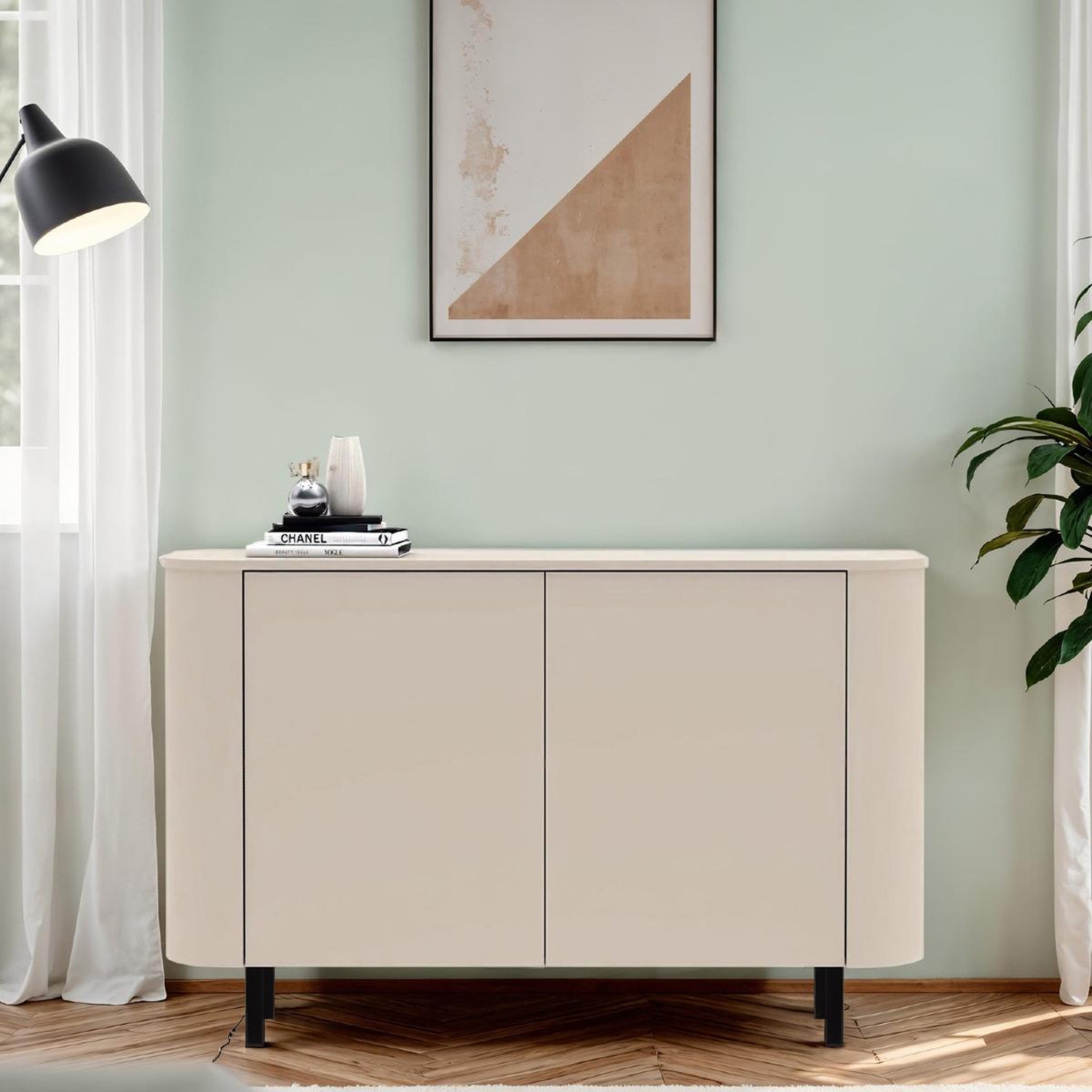 Voir la diapositive 3 : JLC KREATION Meuble de rangement arrondi beige 2 portes 130cm olga