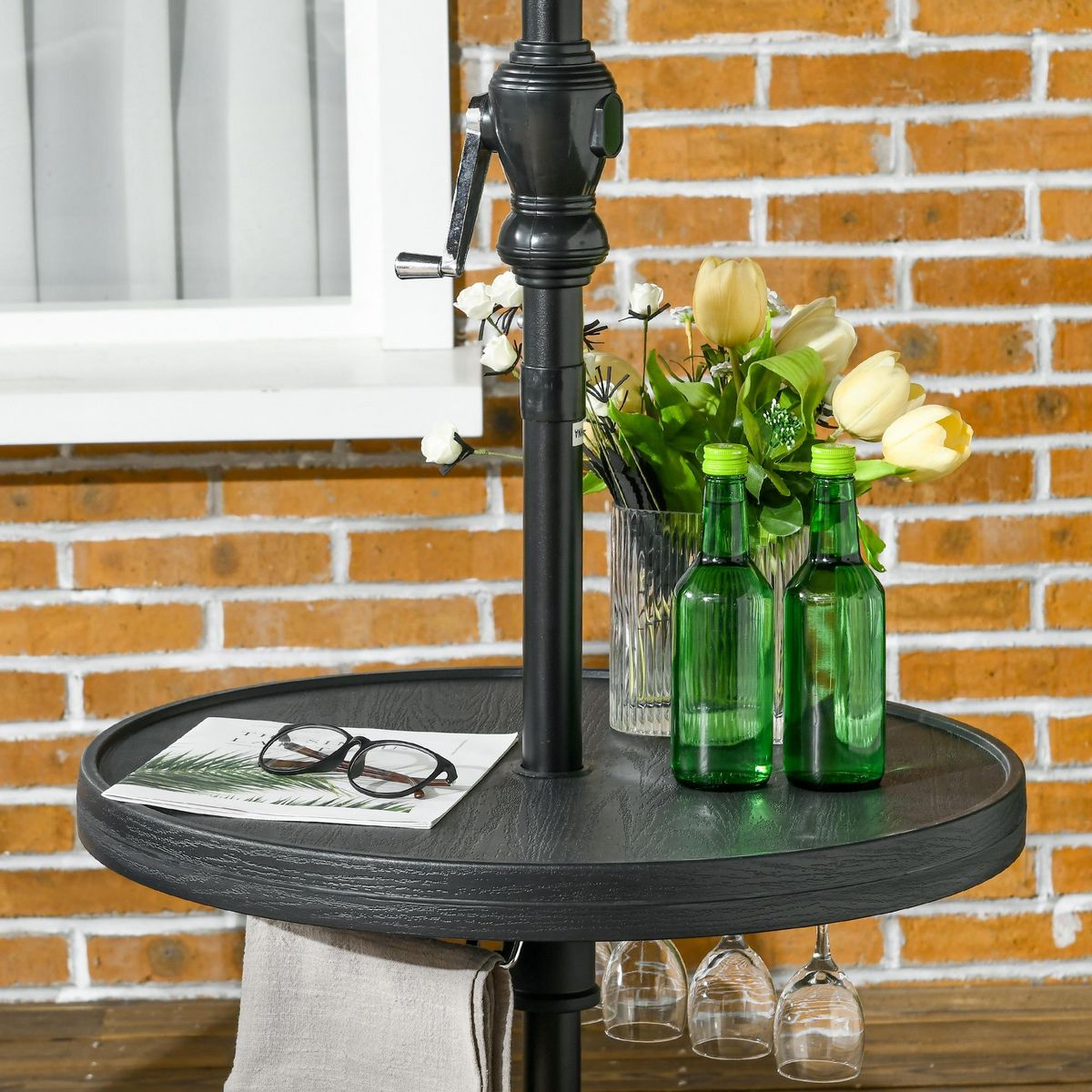 OUTSUNNY Table basse table de parasol Ø 60 cm compatible parasol mât 3,8 cm HDPE aspect bois noir