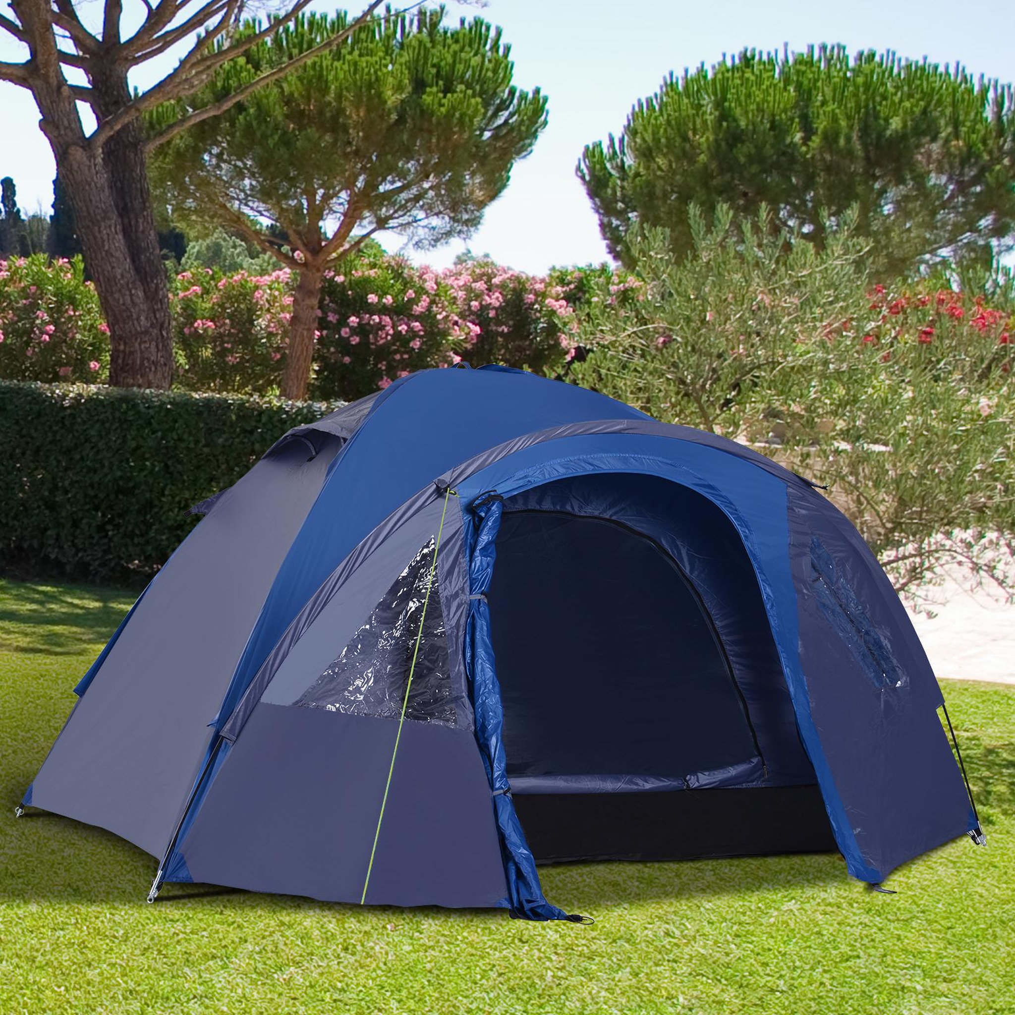 Voir la diapositive 2 : OUTSUNNY Tente de camping familiale 4-5 personnes montage facile double porte et fenêtres dim. 3l x 2,50l x 1,30h m fibre verre polyester bleu marine