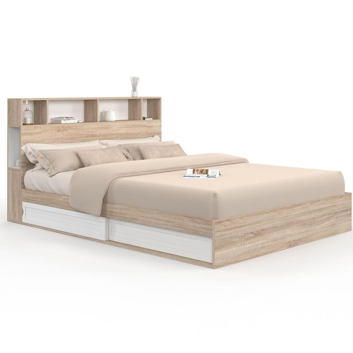 ID MARKET Lit double CLEM avec rangements + tête de lit et sommier 160 x 200 cm hêtre et blanc