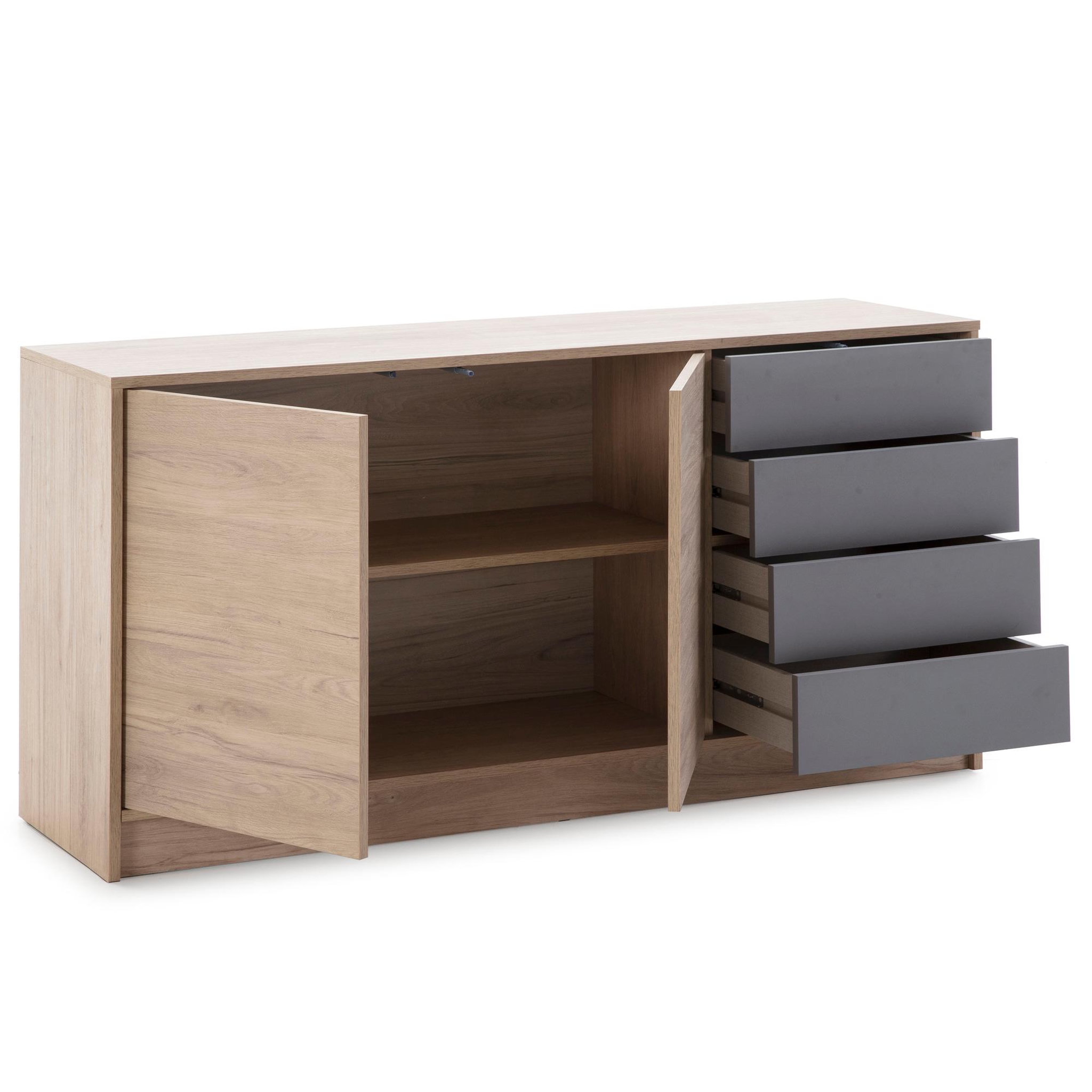 Voir la diapositive 2 : VS VENTA-STOCK Buffet Panama 4 tiroirs, 2 Portes, Couleur Bois et Gris, 136 cm Largeur