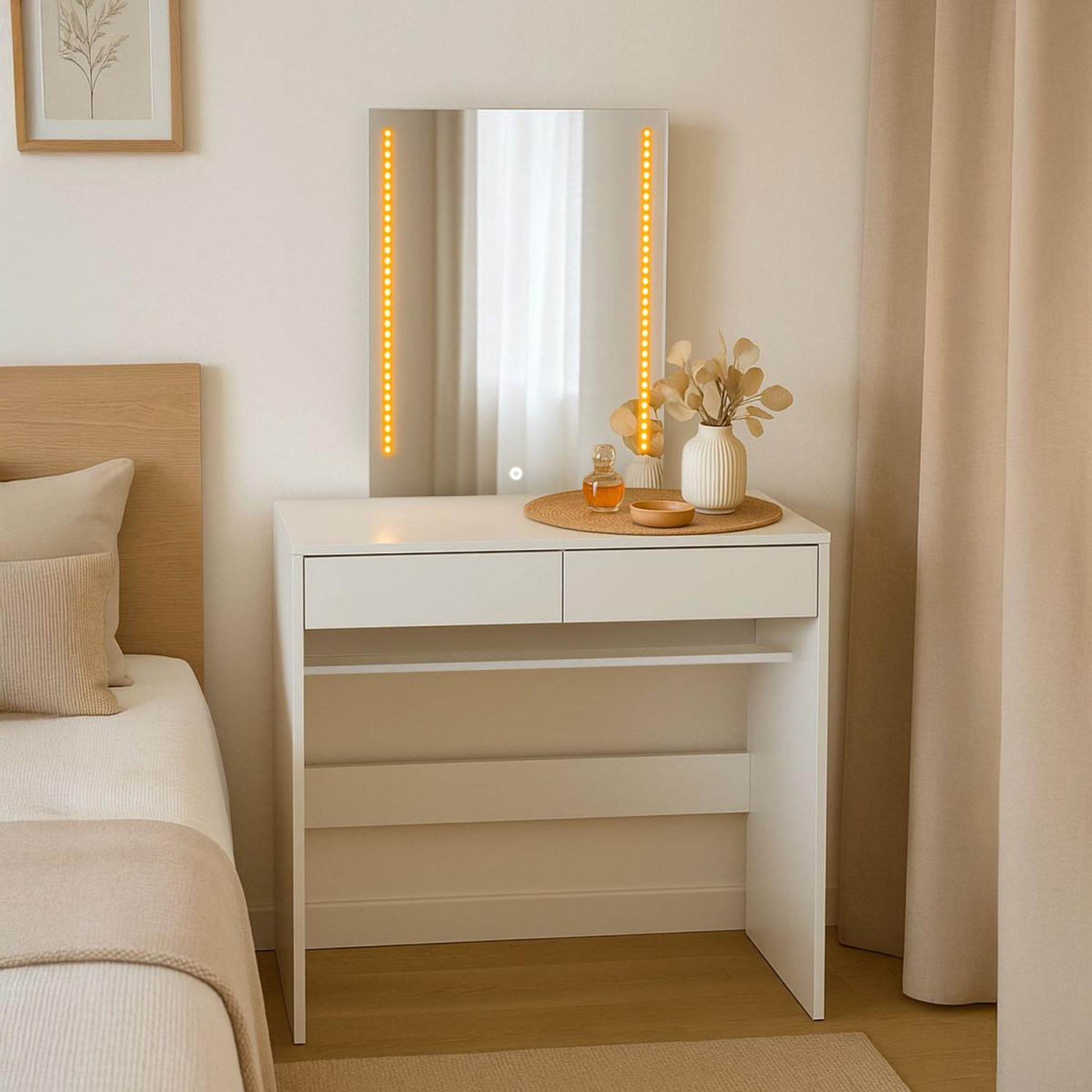Voir la diapositive 6 : Paris Prix Coiffeuse 2 tiroirs avec miroir led  talia  136cm blanc