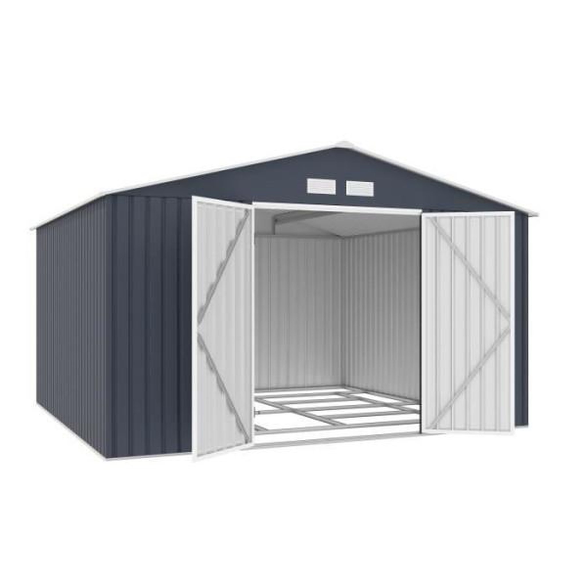 Voir la diapositive 2 : MARKET24 LUNEX Abri de jardin en métal 10,85 m2 - 340 x 319 x 210 - Kit d'ancrage inclus, 2 portes battantes - Gris