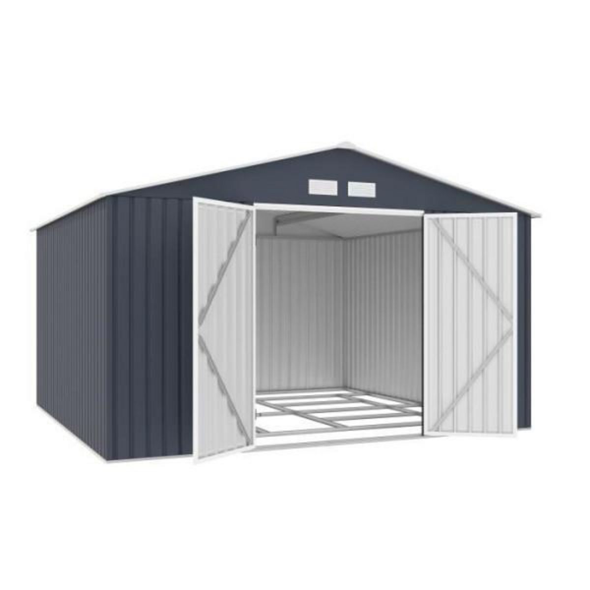 MARKET24 LUNEX Abri de jardin en métal 10,85 m2 - 340 x 319 x 210 - Kit d'ancrage inclus, 2 portes battantes - Gris