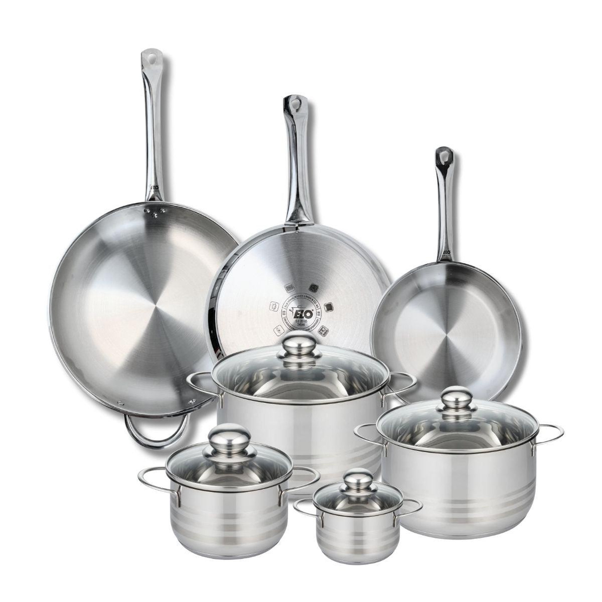 ELO Ensemble de 3 poêles de cuisson 24, 28 et 32 cm et 4 faitouts 12, 16, 20 et 24 cm elo profi brillant