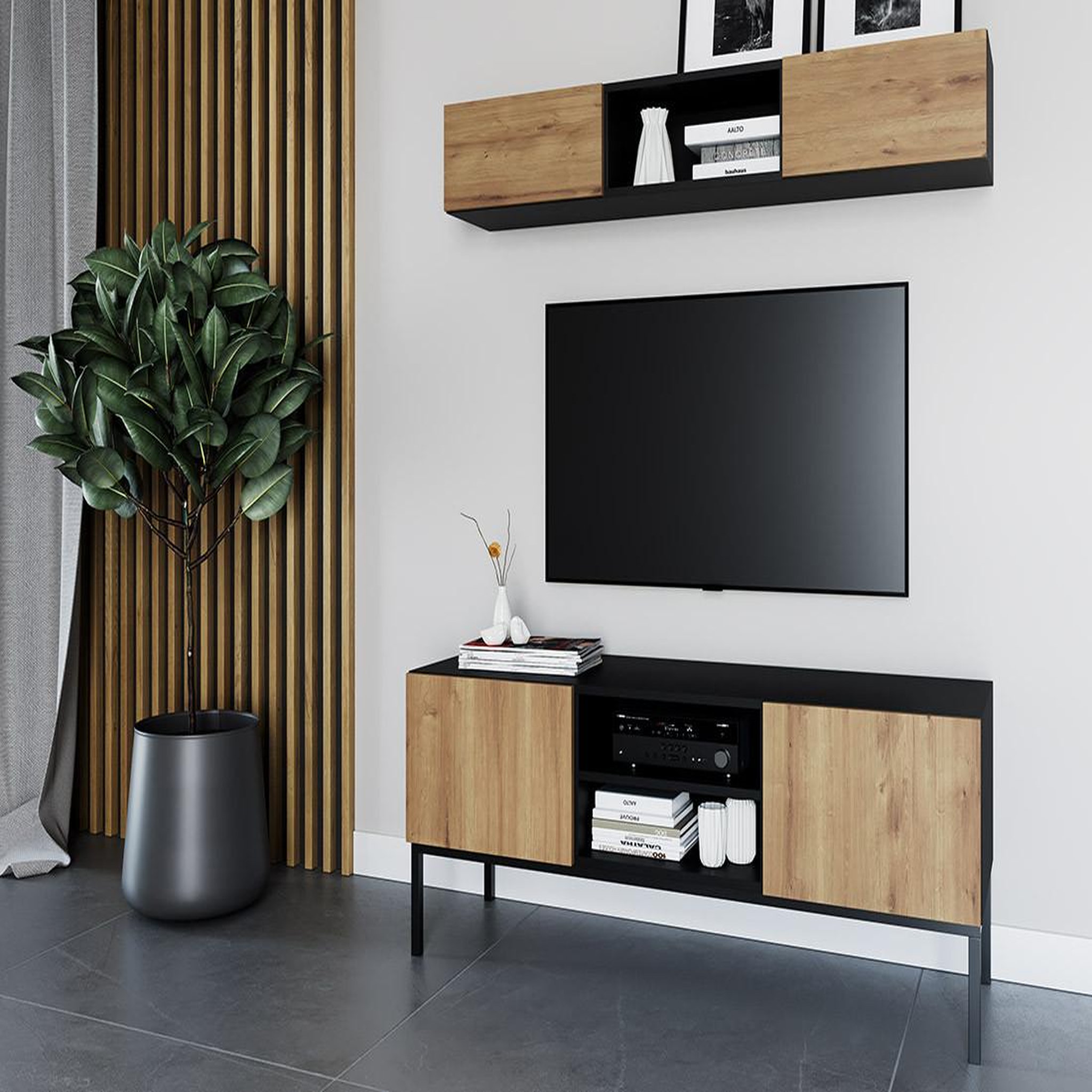 Voir la diapositive 2 : BEST MOBILIER Felicia - meuble tv - effet bois et noir - 2 portes et 2 niches - 120 cm