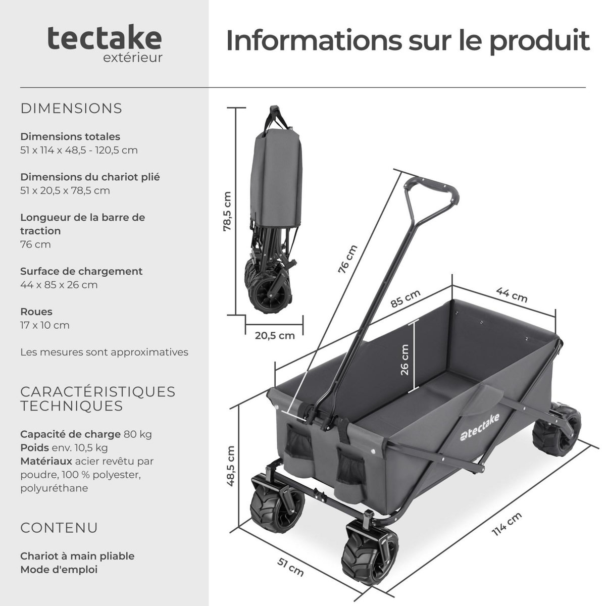 tectake Chariot de jardin et de transport pliable gris