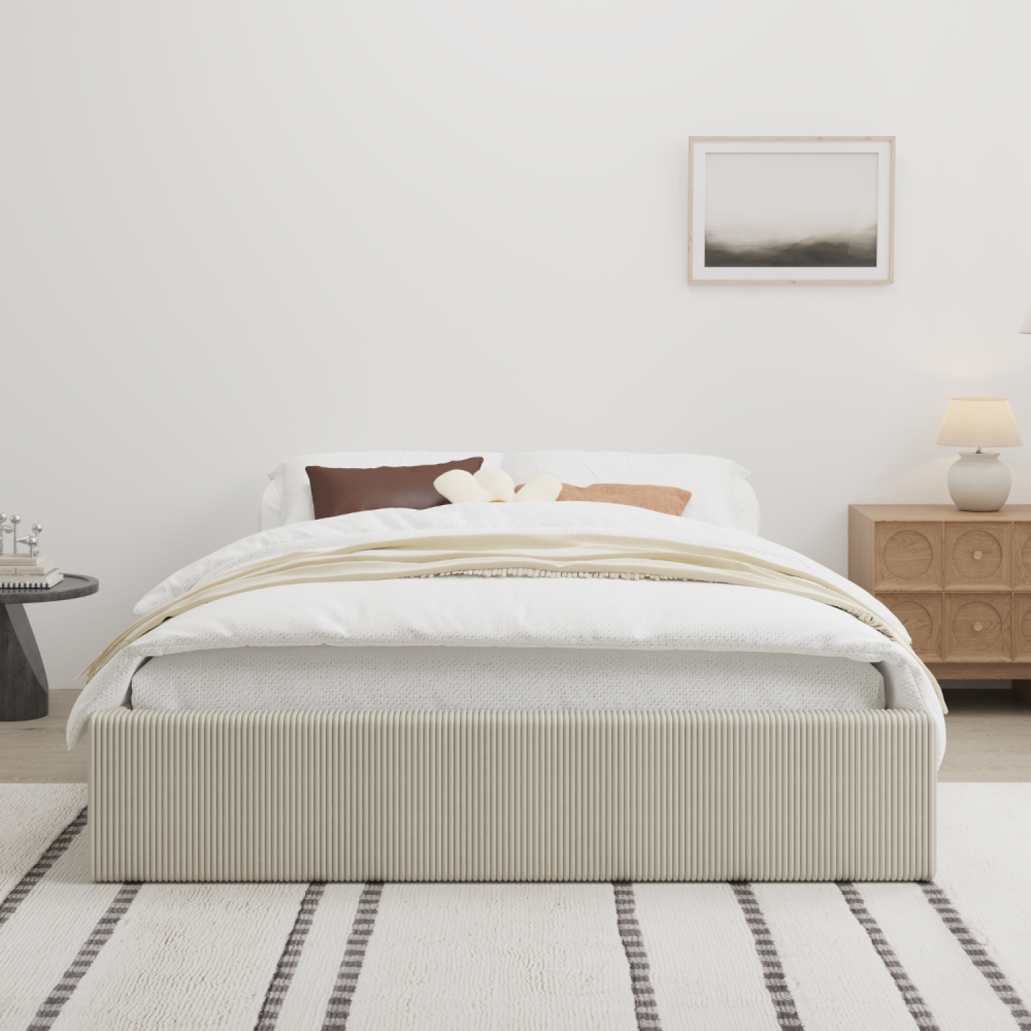 Voir la diapositive 4 : CONCEPT USINE Lit avec coffre de rangement 140x190cm velours côtelé beige austin