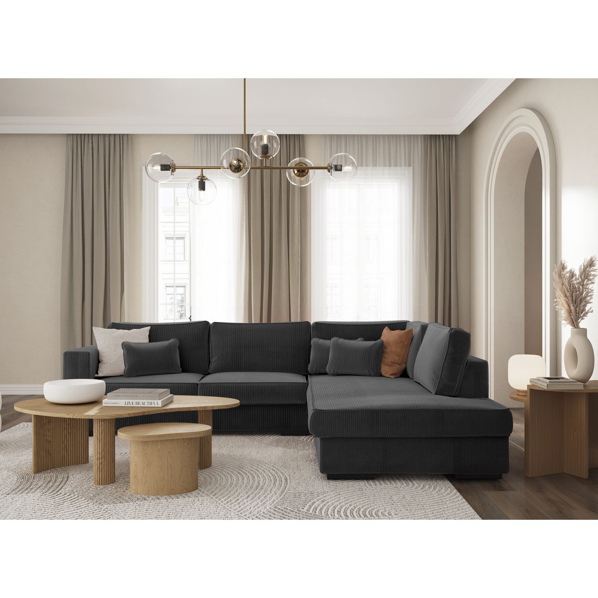 Canapé d'angle droit 4 places velours cotelé PENELOPE