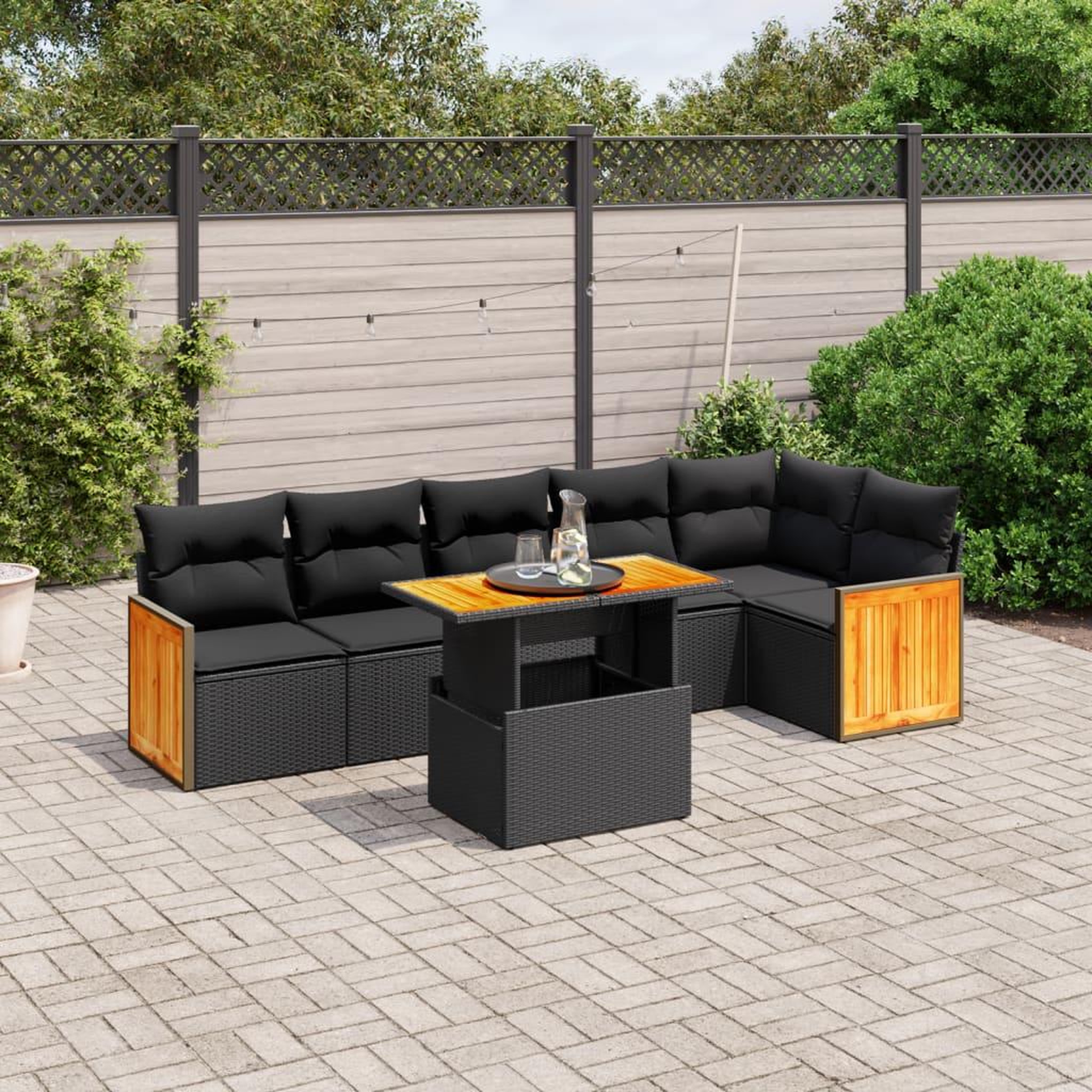 VIDAXL Salon de jardin 7 pcs avec coussins noir resine tressee